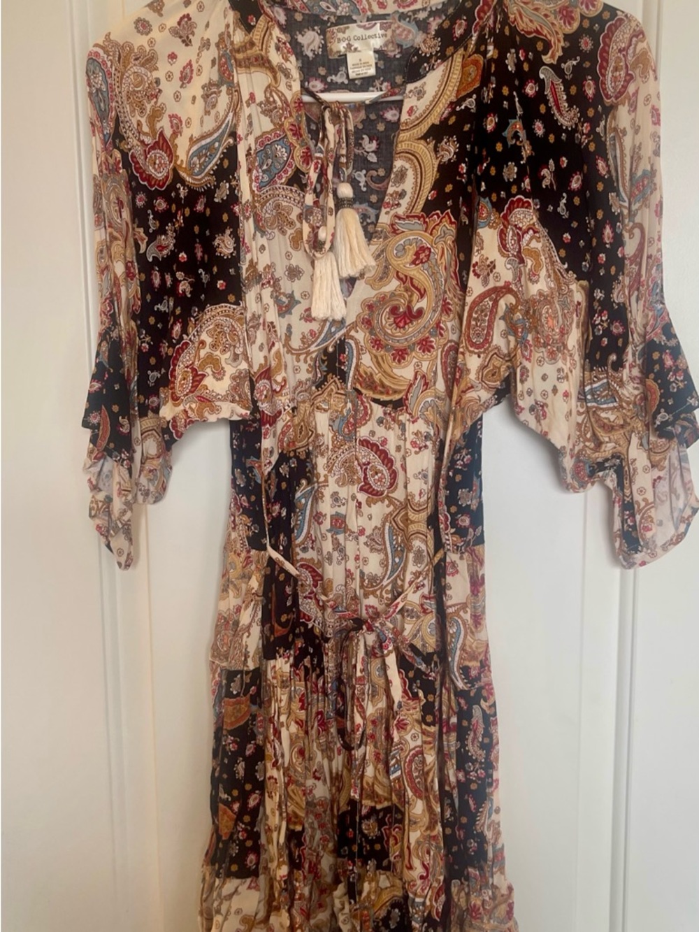 Boho Paisley Mini Dress with Tassel Tie - Cream & Black